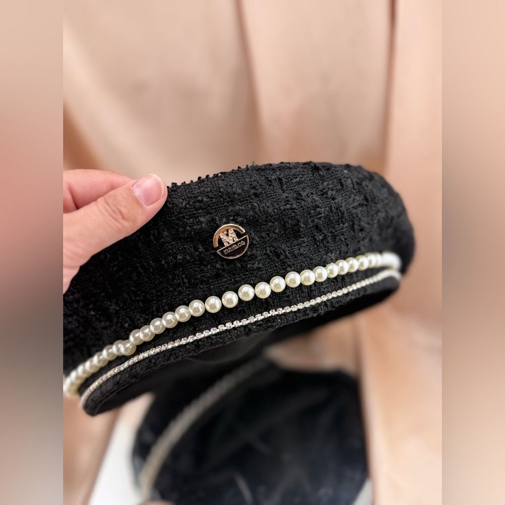 Elegant Black Beret with Pearl & Rhinestone Accents - Picture 3 of 7